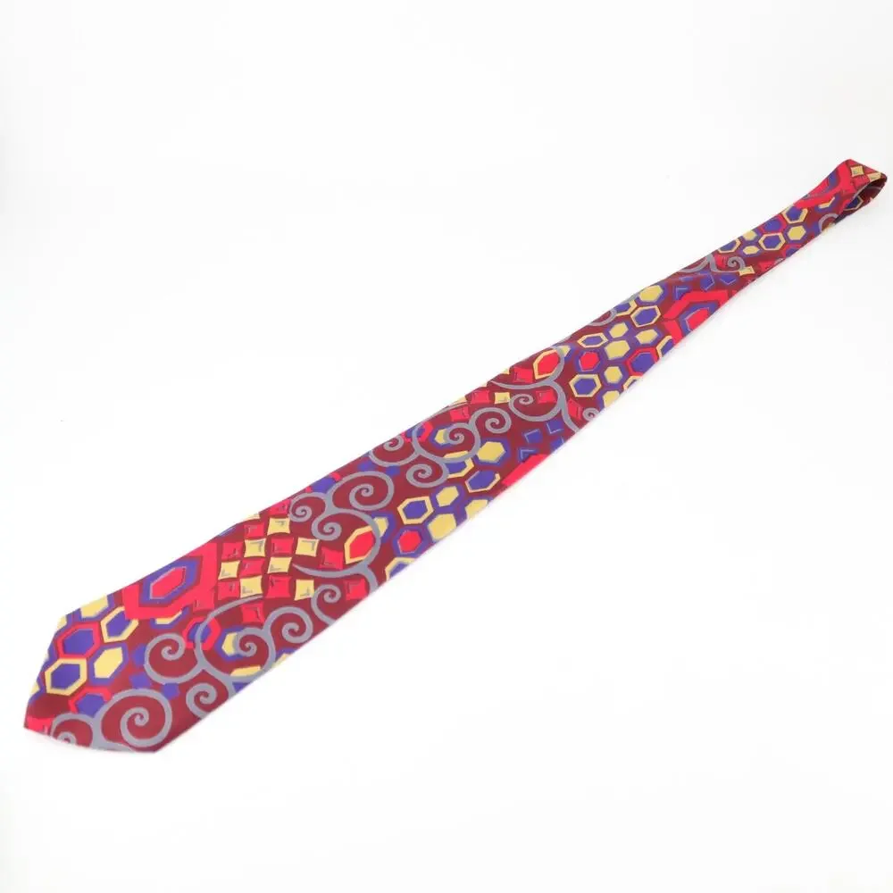 Vtg Geoffrey Beene Silk Tie Men 56 in Red Bright Multicolor Geo Abstract Wide